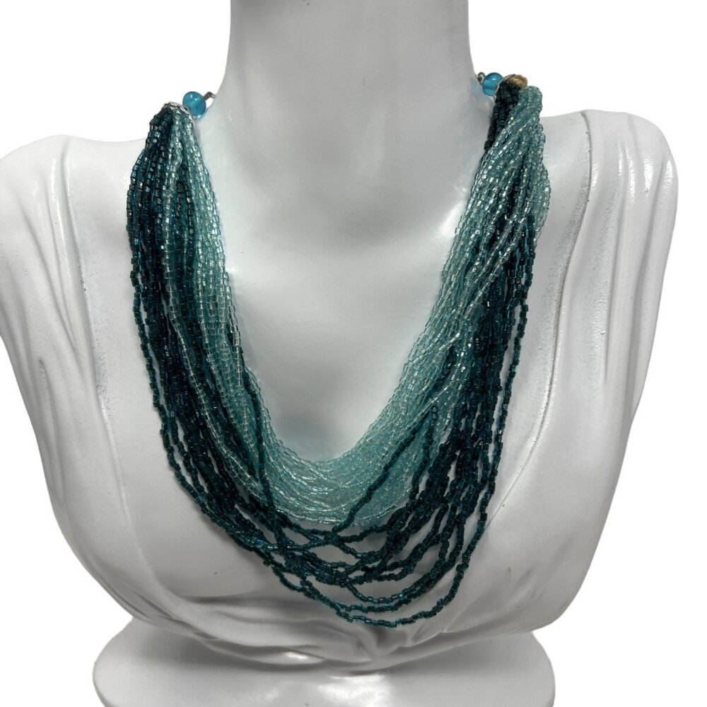 Vintage Beaded Necklace Two‎ Tone Teal Blue Multi Strand Choker Made in Japan